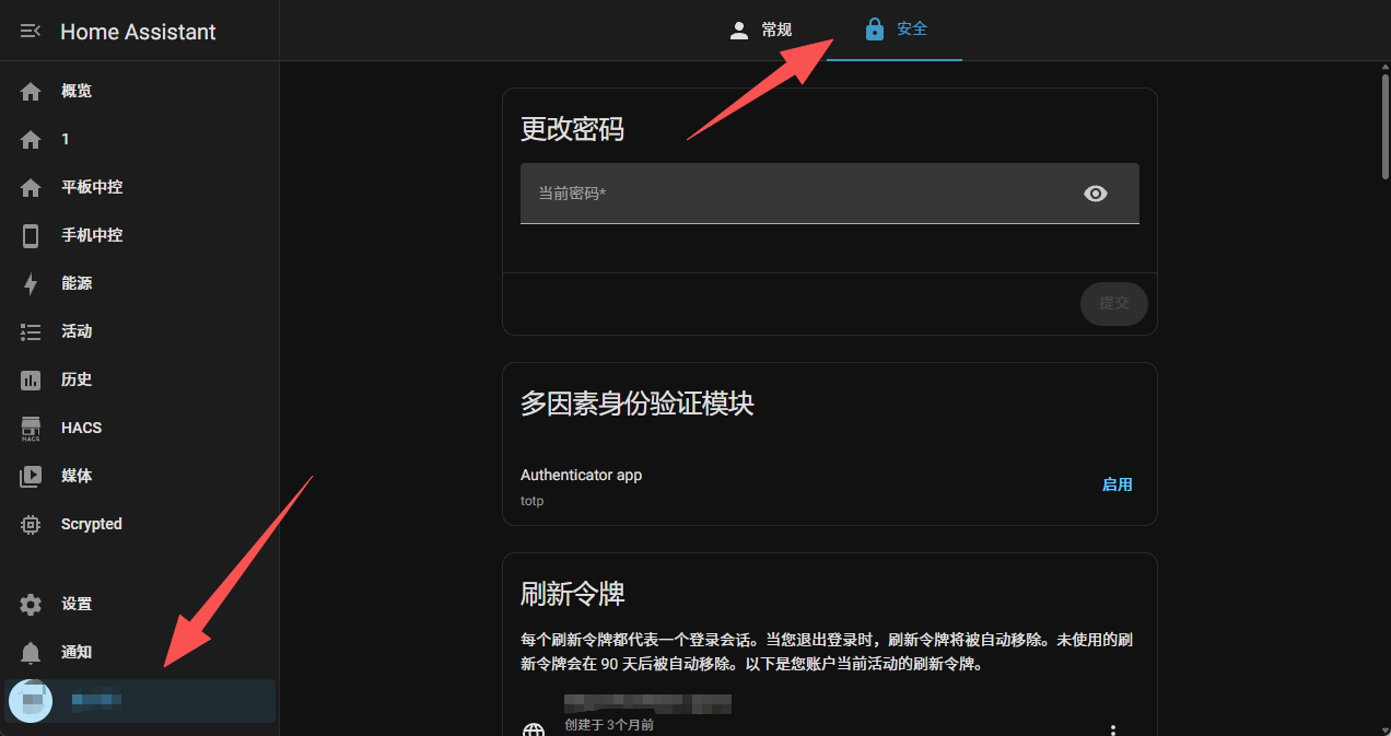 打开 Home Assistant 用户的安全选项卡