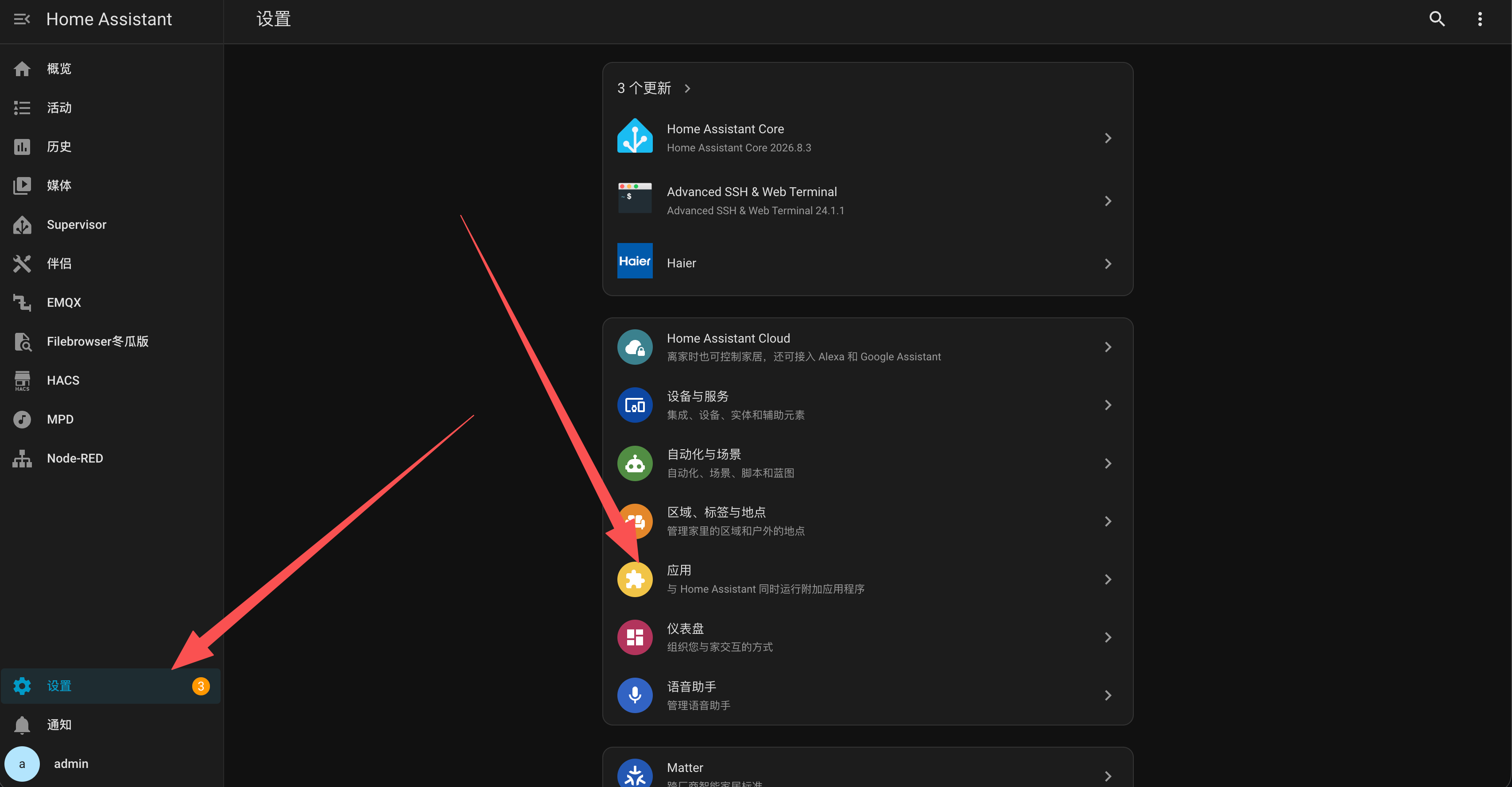 在 Home Assistant 设置中进入应用